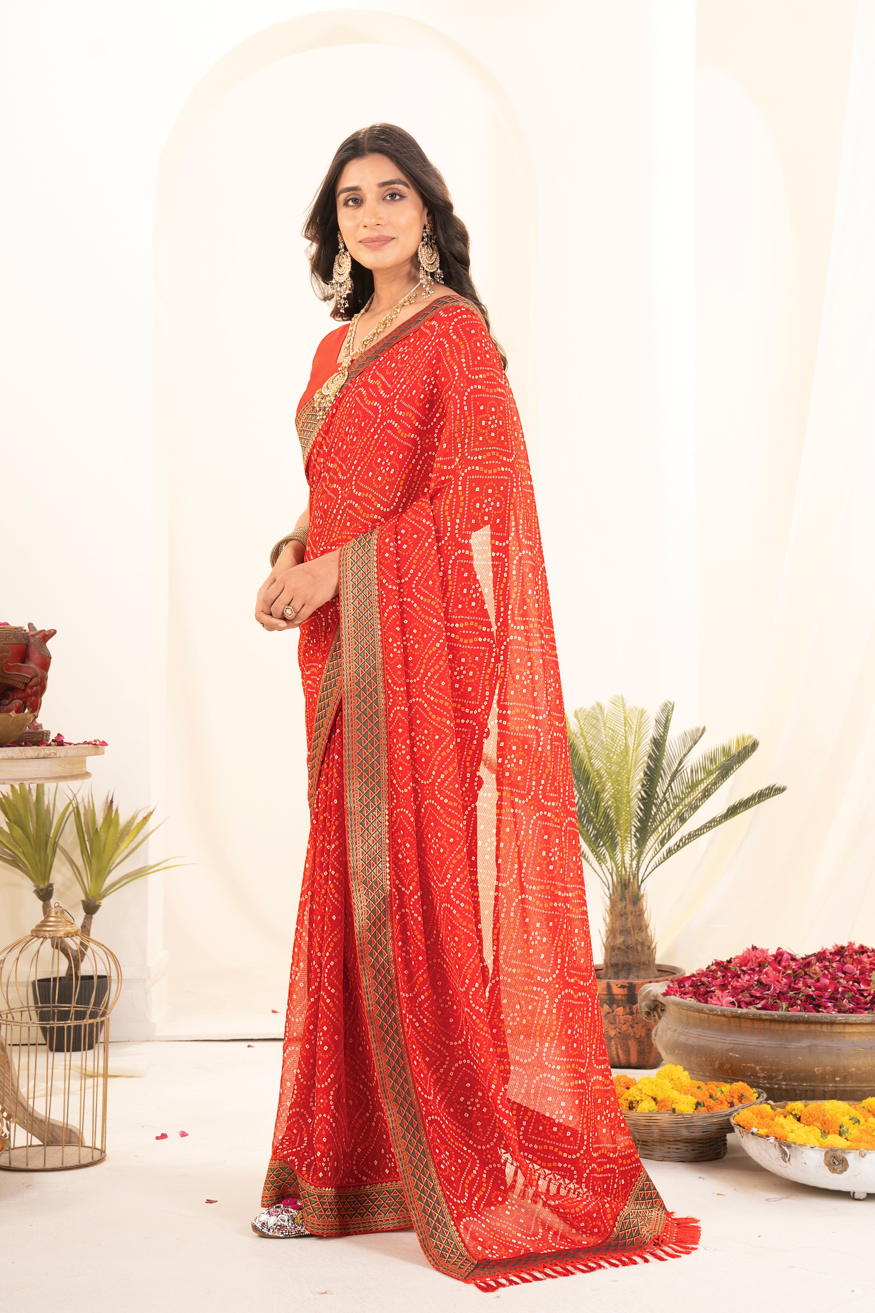 Red Bandhani Georgette Saree